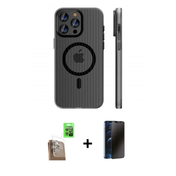 MARSİLYAN™- iPhone 16 Pro Max Kılıf Pusula Minimal Koleksiyonu - Siyah 3D Antistatik Hayalet Cam Ekran Koruyucu + Raze Metal Kamera Lens - CLTM