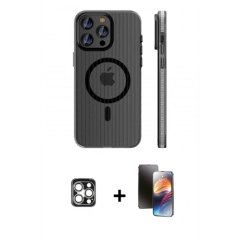 MARSİLYAN™- iPhone 16 Pro Max Kılıf Pusula Minimal Koleksiyonu - Siyah 3D Antistatik Mat Seramik Nano Ekran Koruyucu + PVD Metal Kamera Lens - GS