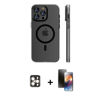 MARSİLYAN™- iPhone 16 Pro Max Kılıf Pusula Minimal Koleksiyonu - Siyah 3D Antistatik Mat Seramik Nano Ekran Koruyucu + PVD Metal Kamera Lens - GD