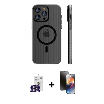 MARSİLYAN™- iPhone 16 Pro Max Kılıf Pusula Minimal Koleksiyonu - Siyah 3D Antistatik Mat Seramik Nano Ekran Koruyucu + Bilvis Titan Kamera Lens - TMGI