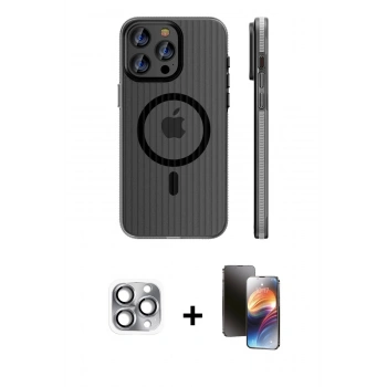 MARSİLYAN™- iPhone 16 Pro Max Kılıf Pusula Minimal Koleksiyonu - Siyah 3D Antistatik Mat Seramik Nano Ekran Koruyucu + Pers Alüminyum Kamera Lens - GI