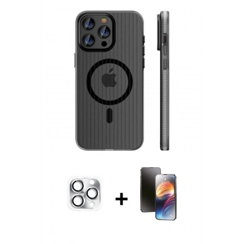MARSİLYAN™- iPhone 16 Pro Max Kılıf Pusula Minimal Koleksiyonu - Siyah 3D Antistatik Mat Seramik Nano Ekran Koruyucu + Pers Alüminyum Kamera Lens - GS
