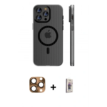 MARSİLYAN™- iPhone 16 Pro Max Kılıf Pusula Minimal Koleksiyonu - Siyah Bilvis 3D Cam Ekran Koruyucu + Pers Alüminyum Kamera Lens - CLTM