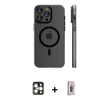 MARSİLYAN™- iPhone 16 Pro Max Kılıf Pusula Minimal Koleksiyonu - Siyah Bilvis 3D Cam Ekran Koruyucu + PVD Metal Kamera Lens - GD