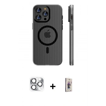 MARSİLYAN™- iPhone 16 Pro Max Kılıf Pusula Minimal Koleksiyonu - Siyah Bilvis 3D Cam Ekran Koruyucu + Pers Alüminyum Kamera Lens - GS