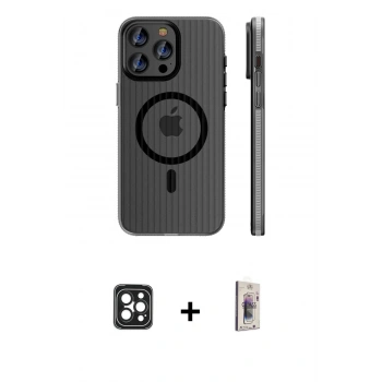 MARSİLYAN™- iPhone 16 Pro Max Kılıf Pusula Minimal Koleksiyonu - Siyah Bilvis 3D Cam Ekran Koruyucu + PVD Metal Kamera Lens - SH