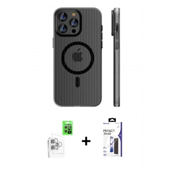 MARSİLYAN™- iPhone 16 Pro Max Kılıf Pusula Minimal Koleksiyonu - Siyah Bilvis 3X AR Hayalet Cam Ekran Koruyucu + Raze Metal Kamera Lens - BZ