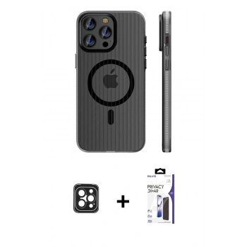 MARSİLYAN™- iPhone 16 Pro Max Kılıf Pusula Minimal Koleksiyonu - Siyah Bilvis 3X AR Hayalet Cam Ekran Koruyucu + PVD Metal Kamera Lens - SH