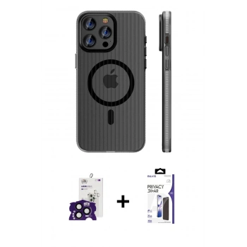 MARSİLYAN™- iPhone 16 Pro Max Kılıf Pusula Minimal Koleksiyonu - Siyah Bilvis 3X AR Hayalet Cam Ekran Koruyucu + Bilvis Titan Kamera Lens - SH