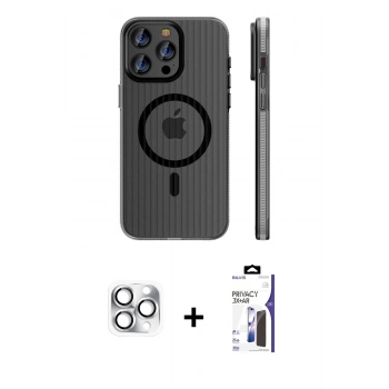 MARSİLYAN™- iPhone 16 Pro Max Kılıf Pusula Minimal Koleksiyonu - Siyah Bilvis 3X AR Hayalet Cam Ekran Koruyucu + Pers Alüminyum Kamera Lens - GS