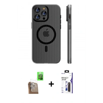 MARSİLYAN™- iPhone 16 Pro Max Kılıf Pusula Minimal Koleksiyonu - Siyah Bilvis 3X AR Hayalet Cam Ekran Koruyucu + Raze Metal Kamera Lens - CLTM