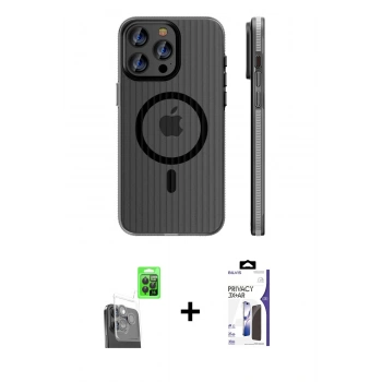 MARSİLYAN™- iPhone 16 Pro Max Kılıf Pusula Minimal Koleksiyonu - Siyah Bilvis 3X AR Hayalet Cam Ekran Koruyucu + Raze Metal Kamera Lens - SH