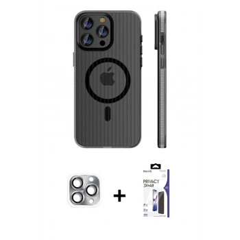 MARSİLYAN™- iPhone 16 Pro Max Kılıf Pusula Minimal Koleksiyonu - Siyah Bilvis 3X AR Hayalet Cam Ekran Koruyucu + Pers Alüminyum Kamera Lens - GI