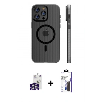 MARSİLYAN™- iPhone 16 Pro Max Kılıf Pusula Minimal Koleksiyonu - Siyah Bilvis 3X AR Hayalet Cam Ekran Koruyucu + Bilvis Titan Kamera Lens - TMGI