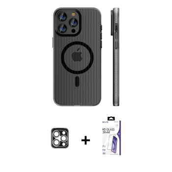 MARSİLYAN™- iPhone 16 Pro Max Kılıf Pusula Minimal Koleksiyonu - Siyah Bilvis 3X AR HD Cam Ekran Koruyucu + PVD Metal Kamera Lens - GS