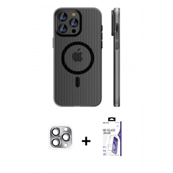 MARSİLYAN™- iPhone 16 Pro Max Kılıf Pusula Minimal Koleksiyonu - Siyah Bilvis 3X AR HD Cam Ekran Koruyucu + Pers Alüminyum Kamera Lens - GI