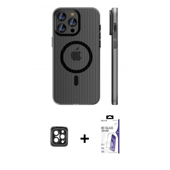 MARSİLYAN™- iPhone 16 Pro Max Kılıf Pusula Minimal Koleksiyonu - Siyah Bilvis 3X AR HD Cam Ekran Koruyucu + PVD Metal Kamera Lens - SH