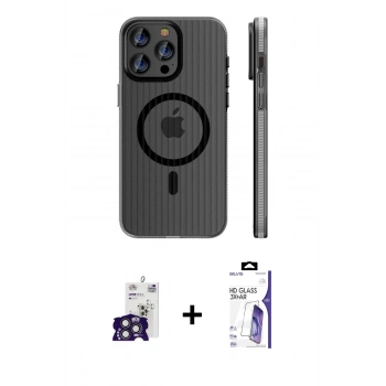 MARSİLYAN™- iPhone 16 Pro Max Kılıf Pusula Minimal Koleksiyonu - Siyah Bilvis 3X AR HD Cam Ekran Koruyucu + Bilvis Titan Kamera Lens - TMGI