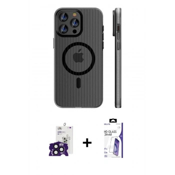MARSİLYAN™- iPhone 16 Pro Max Kılıf Pusula Minimal Koleksiyonu - Siyah Bilvis 3X AR HD Cam Ekran Koruyucu + Bilvis Titan Kamera Lens - SH