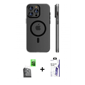 MARSİLYAN™- iPhone 16 Pro Max Kılıf Pusula Minimal Koleksiyonu - Siyah Bilvis 3X AR HD Cam Ekran Koruyucu + Raze Metal Kamera Lens - SH