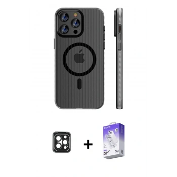 MARSİLYAN™- iPhone 16 Pro Max Kılıf Pusula Minimal Koleksiyonu - Siyah Bilvis 5in1 3D Magic Cam Ekran Koruyucu + PVD Metal Kamera Lens - SH