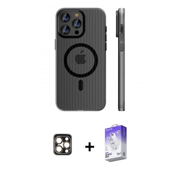 MARSİLYAN™- iPhone 16 Pro Max Kılıf Pusula Minimal Koleksiyonu - Siyah Bilvis 5in1 3D Magic Cam Ekran Koruyucu + PVD Metal Kamera Lens - GD