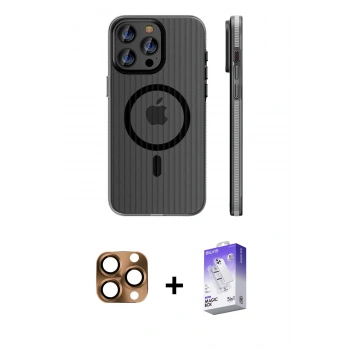 MARSİLYAN™- iPhone 16 Pro Max Kılıf Pusula Minimal Koleksiyonu - Siyah Bilvis 5in1 3D Magic Cam Ekran Koruyucu + Pers Alüminyum Kamera Lens - CLTM
