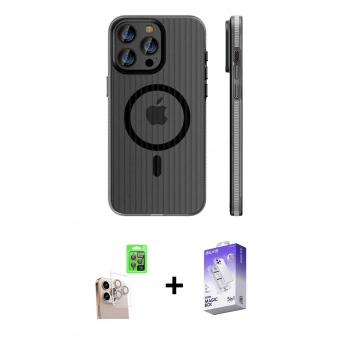 MARSİLYAN™- iPhone 16 Pro Max Kılıf Pusula Minimal Koleksiyonu - Siyah Bilvis 5in1 3D Magic Cam Ekran Koruyucu + Raze Metal Kamera Lens - NLGY