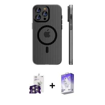 MARSİLYAN™- iPhone 16 Pro Max Kılıf Pusula Minimal Koleksiyonu - Siyah Bilvis 5in1 3D Magic Cam Ekran Koruyucu + Bilvis Titan Kamera Lens - GS