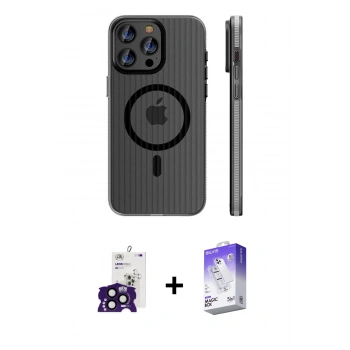 MARSİLYAN™- iPhone 16 Pro Max Kılıf Pusula Minimal Koleksiyonu - Siyah Bilvis 5in1 3D Magic Cam Ekran Koruyucu + Bilvis Titan Kamera Lens - SH