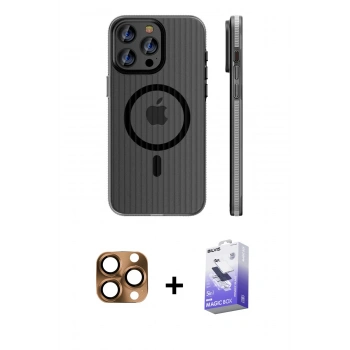 MARSİLYAN™- iPhone 16 Pro Max Kılıf Pusula Minimal Koleksiyonu - Siyah Bilvis 5in1 5D Magic Hayalet Cam Ekran Koruyucu + Pers Alüminyum Kamera Lens - CLTM
