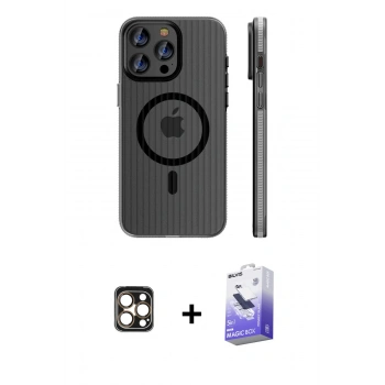 MARSİLYAN™- iPhone 16 Pro Max Kılıf Pusula Minimal Koleksiyonu - Siyah Bilvis 5in1 5D Magic Hayalet Cam Ekran Koruyucu + PVD Metal Kamera Lens - GD