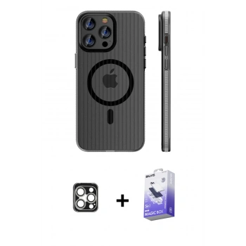MARSİLYAN™- iPhone 16 Pro Max Kılıf Pusula Minimal Koleksiyonu - Siyah Bilvis 5in1 5D Magic Hayalet Cam Ekran Koruyucu + PVD Metal Kamera Lens - GS
