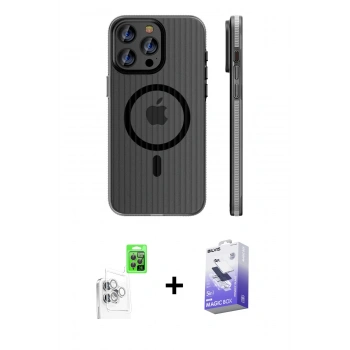 MARSİLYAN™- iPhone 16 Pro Max Kılıf Pusula Minimal Koleksiyonu - Siyah Bilvis 5in1 5D Magic Hayalet Cam Ekran Koruyucu + Raze Metal Kamera Lens - BZ