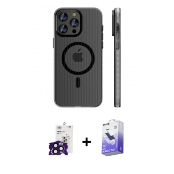MARSİLYAN™- iPhone 16 Pro Max Kılıf Pusula Minimal Koleksiyonu - Siyah Bilvis 5in1 5D Magic Hayalet Cam Ekran Koruyucu + Bilvis Titan Kamera Lens - SH