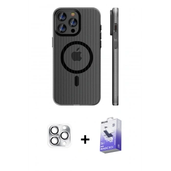 MARSİLYAN™- iPhone 16 Pro Max Kılıf Pusula Minimal Koleksiyonu - Siyah Bilvis 5in1 5D Magic Hayalet Cam Ekran Koruyucu + Pers Alüminyum Kamera Lens - GS