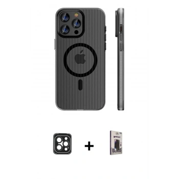 MARSİLYAN™- iPhone 16 Pro Max Kılıf Pusula Minimal Koleksiyonu - Siyah Bilvis Hayalet Cam Ekran Koruyucu + PVD Metal Kamera Lens - SH