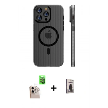 MARSİLYAN™- iPhone 16 Pro Max Kılıf Pusula Minimal Koleksiyonu - Siyah Bilvis Hayalet Cam Ekran Koruyucu + Raze Metal Kamera Lens - NLGY