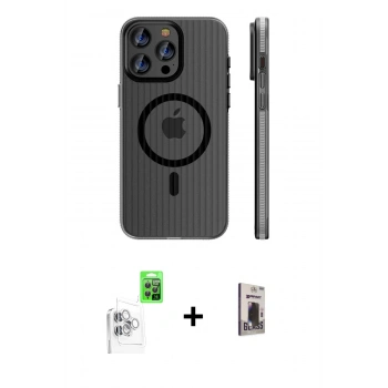 MARSİLYAN™- iPhone 16 Pro Max Kılıf Pusula Minimal Koleksiyonu - Siyah Bilvis Hayalet Cam Ekran Koruyucu + Raze Metal Kamera Lens - BZ