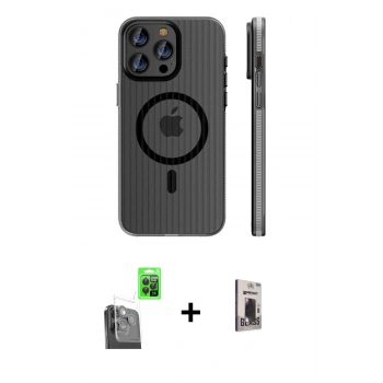 MARSİLYAN™- iPhone 16 Pro Max Kılıf Pusula Minimal Koleksiyonu - Siyah Bilvis Hayalet Cam Ekran Koruyucu + Raze Metal Kamera Lens - SH