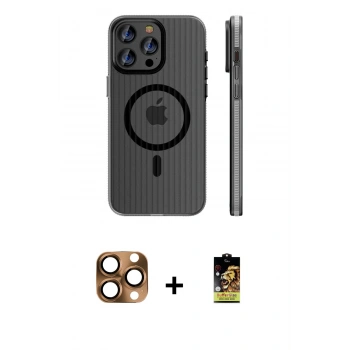 MARSİLYAN™- iPhone 16 Pro Max Kılıf Pusula Minimal Koleksiyonu - Siyah Buffer Cam Ekran Koruyucu + Pers Alüminyum Kamera Lens - CLTM