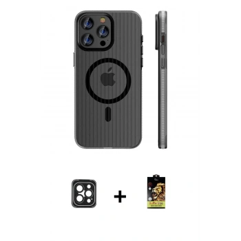 MARSİLYAN™- iPhone 16 Pro Max Kılıf Pusula Minimal Koleksiyonu - Siyah Buffer Cam Ekran Koruyucu + PVD Metal Kamera Lens - SH