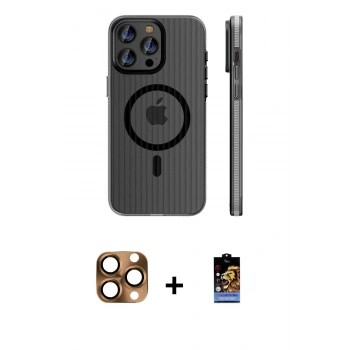 MARSİLYAN™- iPhone 16 Pro Max Kılıf Pusula Minimal Koleksiyonu - Siyah Buffer Hayalet Cam Ekran Koruyucu + Pers Alüminyum Kamera Lens - CLTM