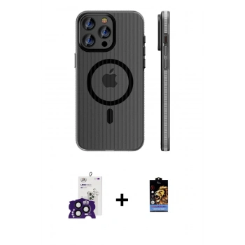 MARSİLYAN™- iPhone 16 Pro Max Kılıf Pusula Minimal Koleksiyonu - Siyah Buffer Hayalet Cam Ekran Koruyucu + Bilvis Titan Kamera Lens - SH