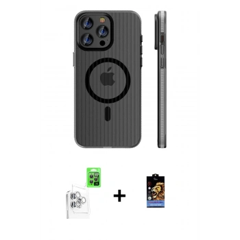 MARSİLYAN™- iPhone 16 Pro Max Kılıf Pusula Minimal Koleksiyonu - Siyah Buffer Hayalet Cam Ekran Koruyucu + Raze Metal Kamera Lens - BZ