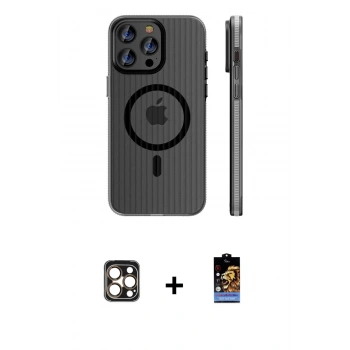 MARSİLYAN™- iPhone 16 Pro Max Kılıf Pusula Minimal Koleksiyonu - Siyah Buffer Hayalet Cam Ekran Koruyucu + PVD Metal Kamera Lens - GD