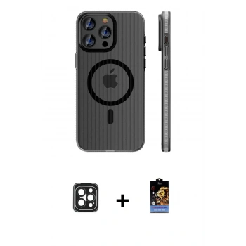 MARSİLYAN™- iPhone 16 Pro Max Kılıf Pusula Minimal Koleksiyonu - Siyah Buffer Hayalet Cam Ekran Koruyucu + PVD Metal Kamera Lens - SH