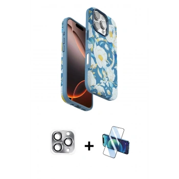 MARSİLYAN™- iPhone 16 Pro Max Kılıf Siluet Doku - Siyah 3D Antistatik Cam Ekran Koruyucu + Pers Alüminyum Kamera Lens - GI