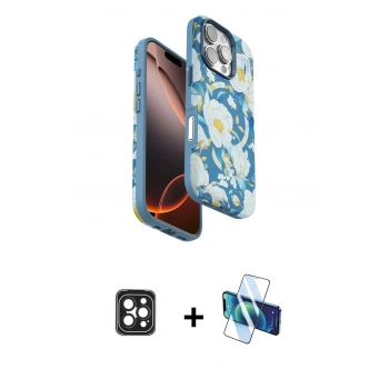 MARSİLYAN™- iPhone 16 Pro Max Kılıf Siluet Doku - Siyah 3D Antistatik Cam Ekran Koruyucu + PVD Metal Kamera Lens - SH