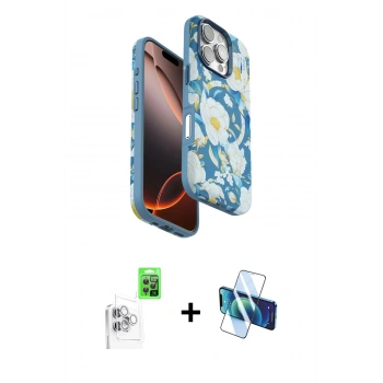 MARSİLYAN™- iPhone 16 Pro Max Kılıf Siluet Doku - Siyah 3D Antistatik Cam Ekran Koruyucu + Raze Metal Kamera Lens - BZ